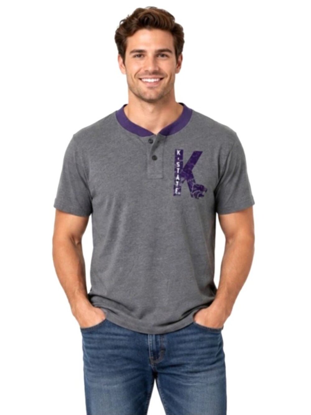 Kansas State Wildcats Shirt Size Medium 38/40 Gray Henley Tee Distressed Logo
